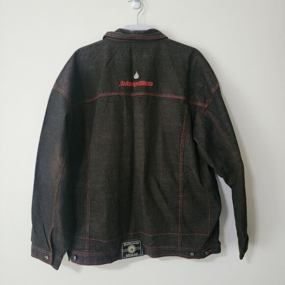 Johnny Blaze Y2K Mens Denim Jacket Brown Red Stitches Cotton Button-Up Logo 2XL - Picture 2 of 9